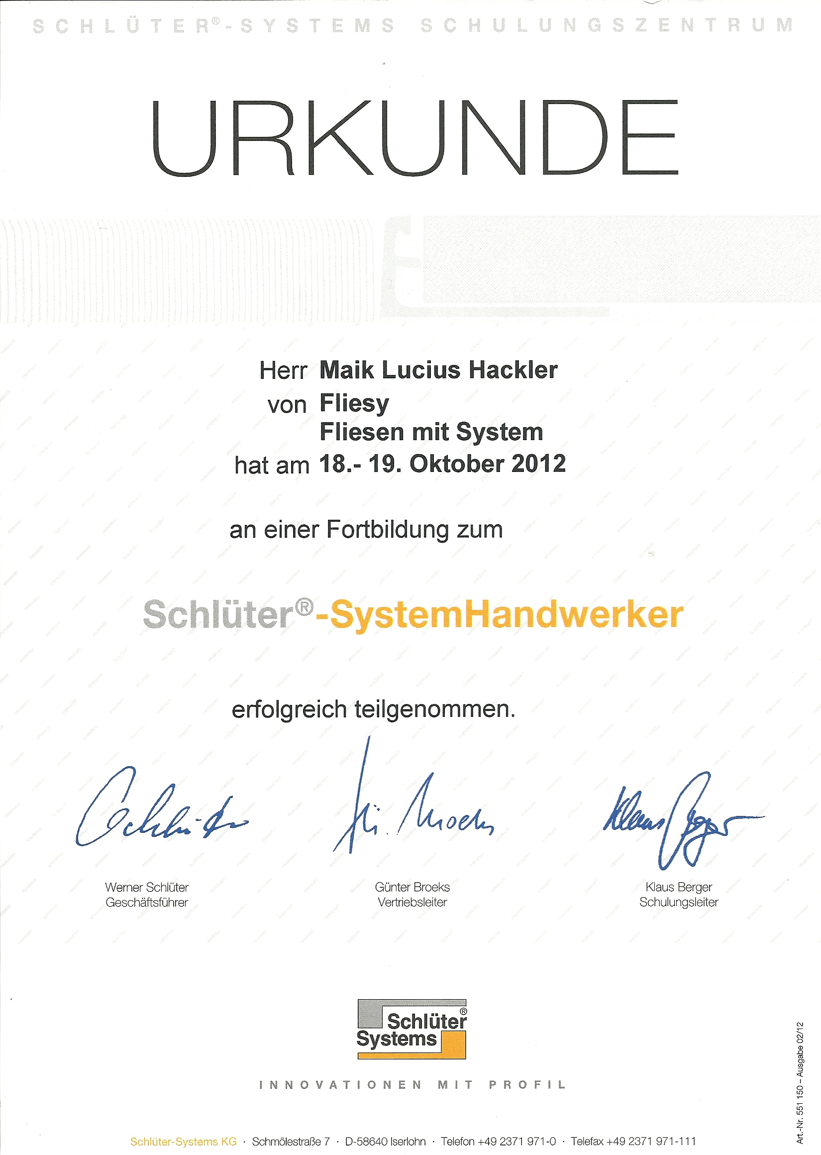 Schlüter Systemhandwerker Urkunde